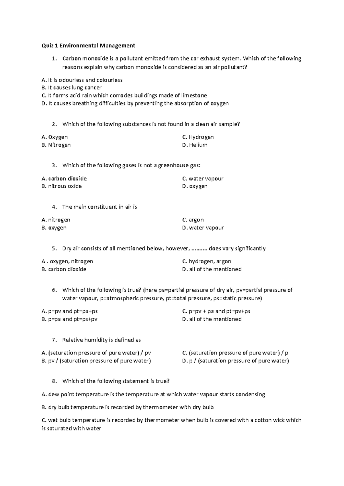 Quiz 1 MC-CE-EL: Environmental Management Questions and Answers - Studocu