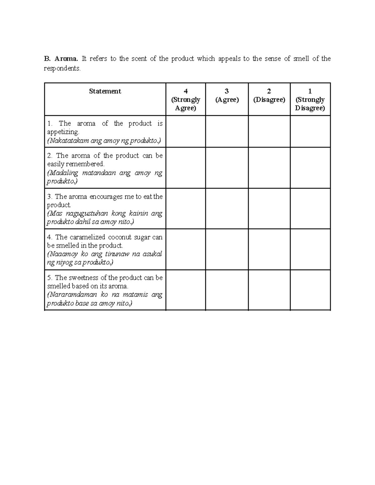 questionnaire sample - B. Aroma. It refers to the scent of the product ...
