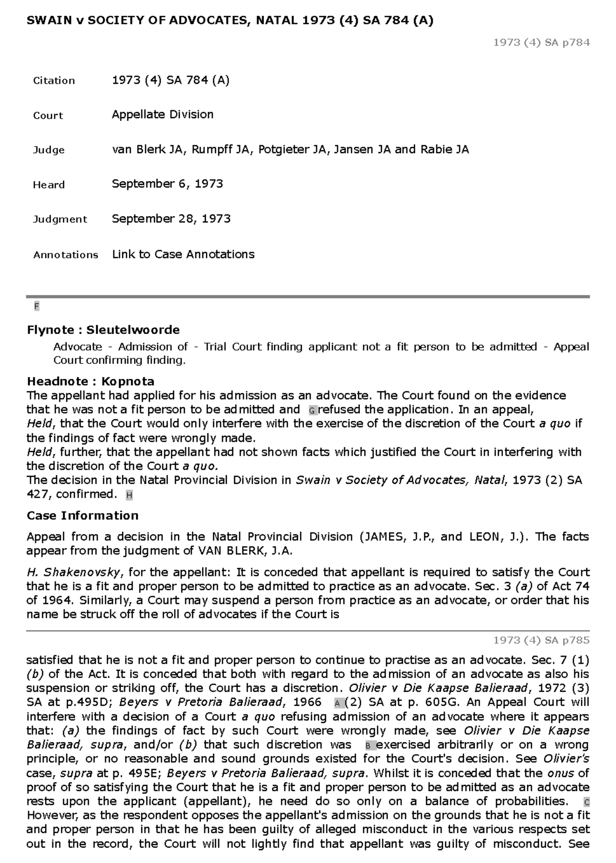 SWAIN v SOCIETY OF ADVOCATES, NATAL: 1973 (4) SA 784 (A) Case Analysis ...
