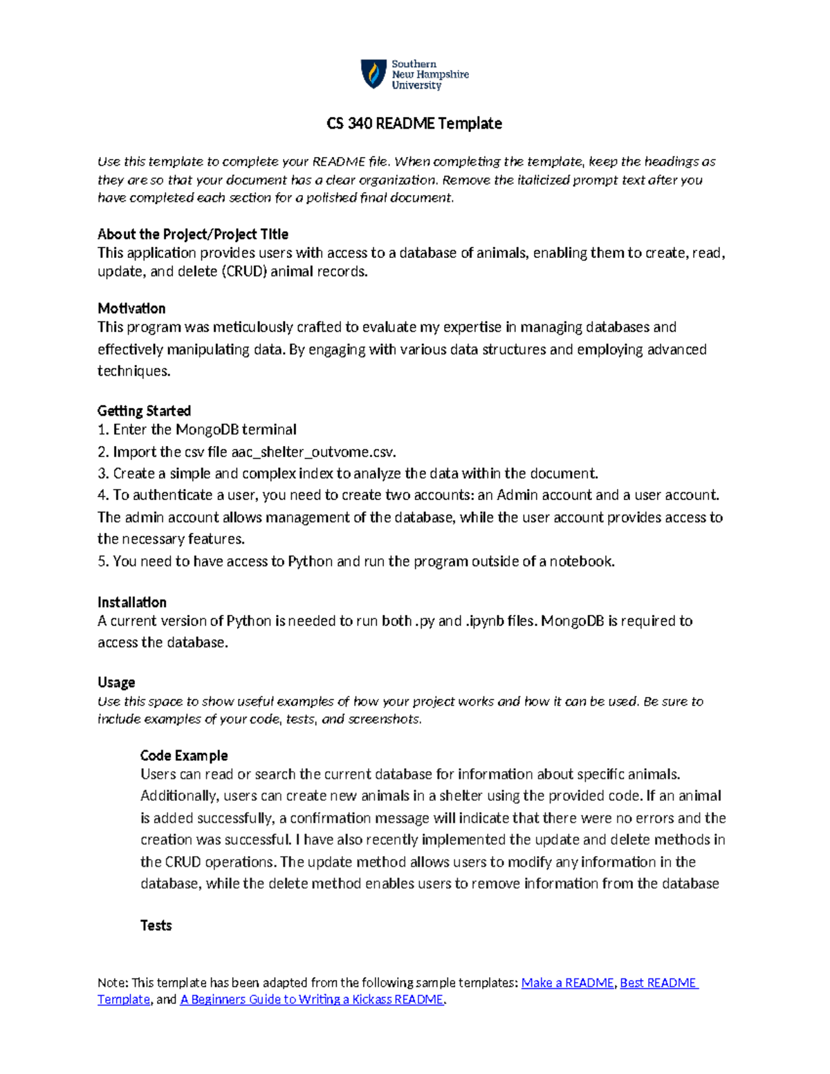 5-1 Readme project - n/a - CS 340 README Template Use this template to ...