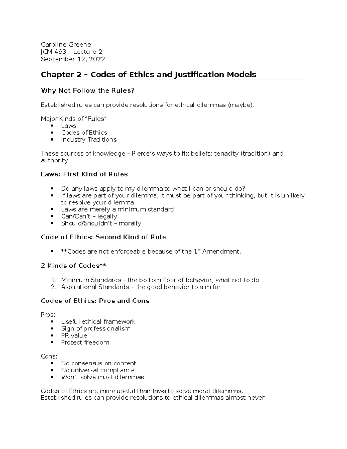 Chapter 2 - Codes of Ethics and Justification Models - Caroline Greene ...