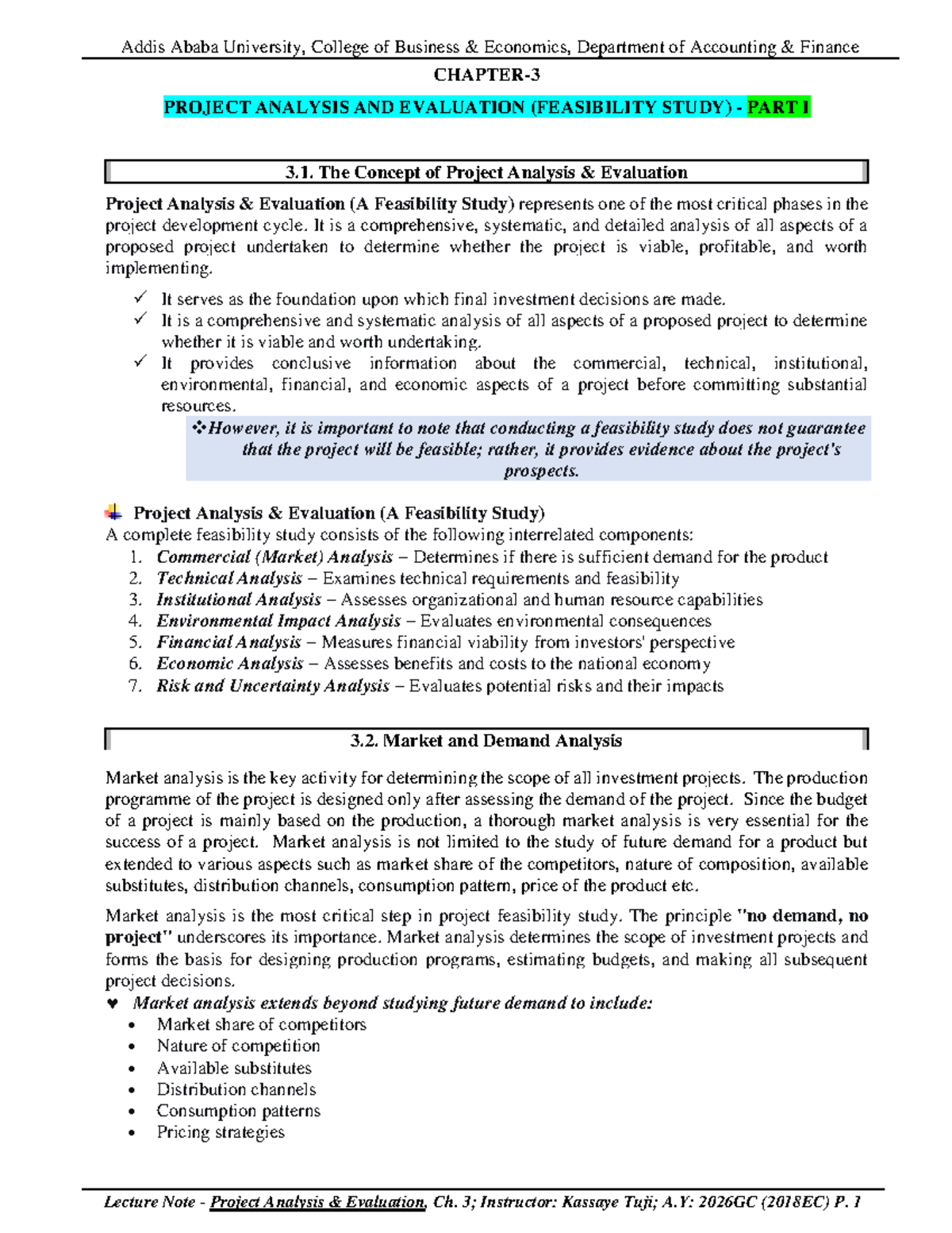 Ch 3: Project Analysis & Evaluation (Feasibility Study) - Part I - Studocu