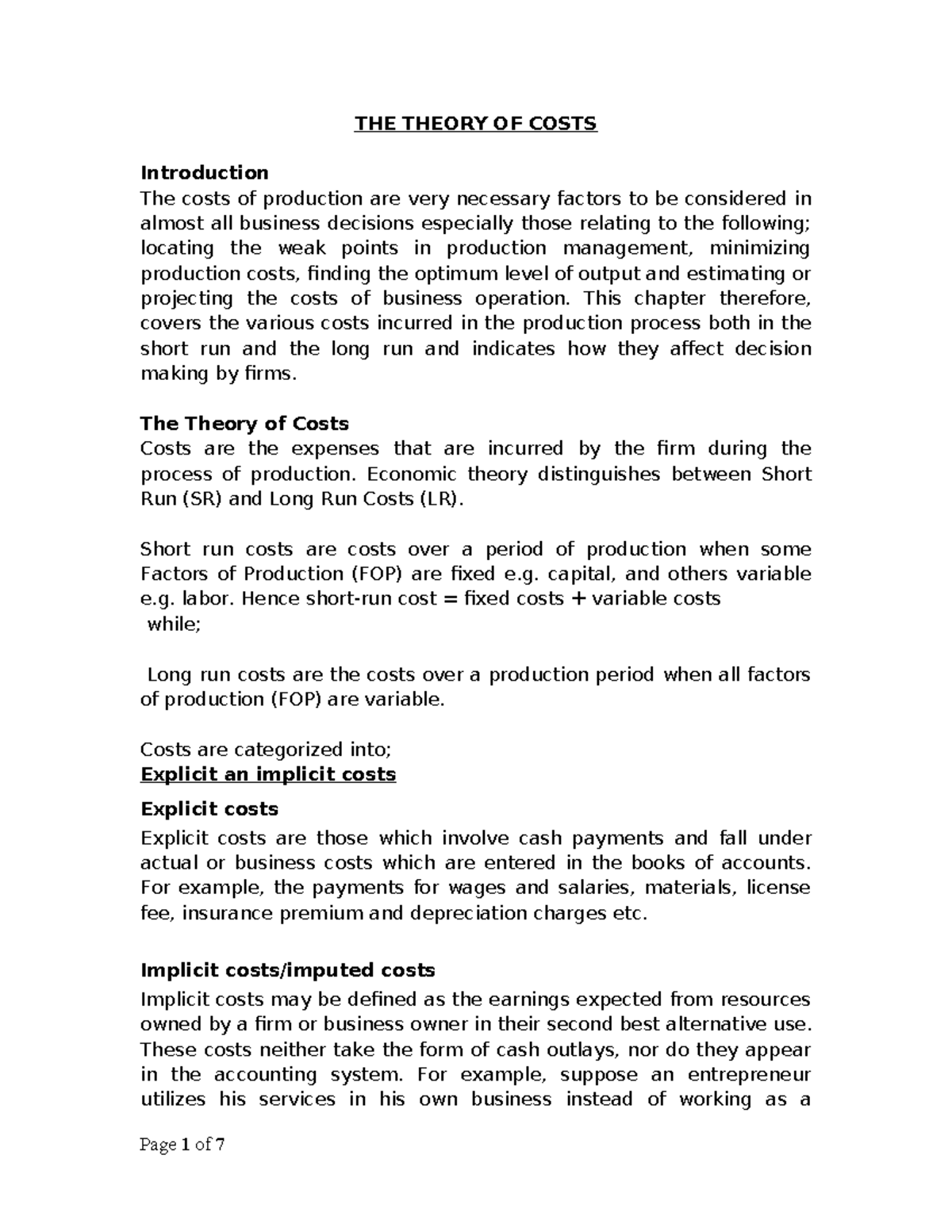 Costs in Production: Short and Long Run Analysis - Becon - Studocu