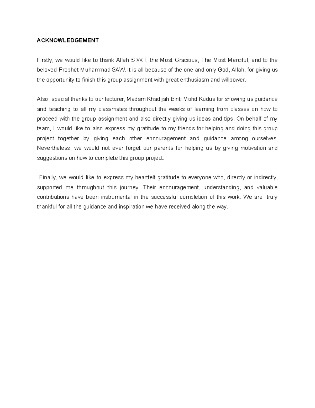 Acknowledgement for Group Assignment Completion - Studocu