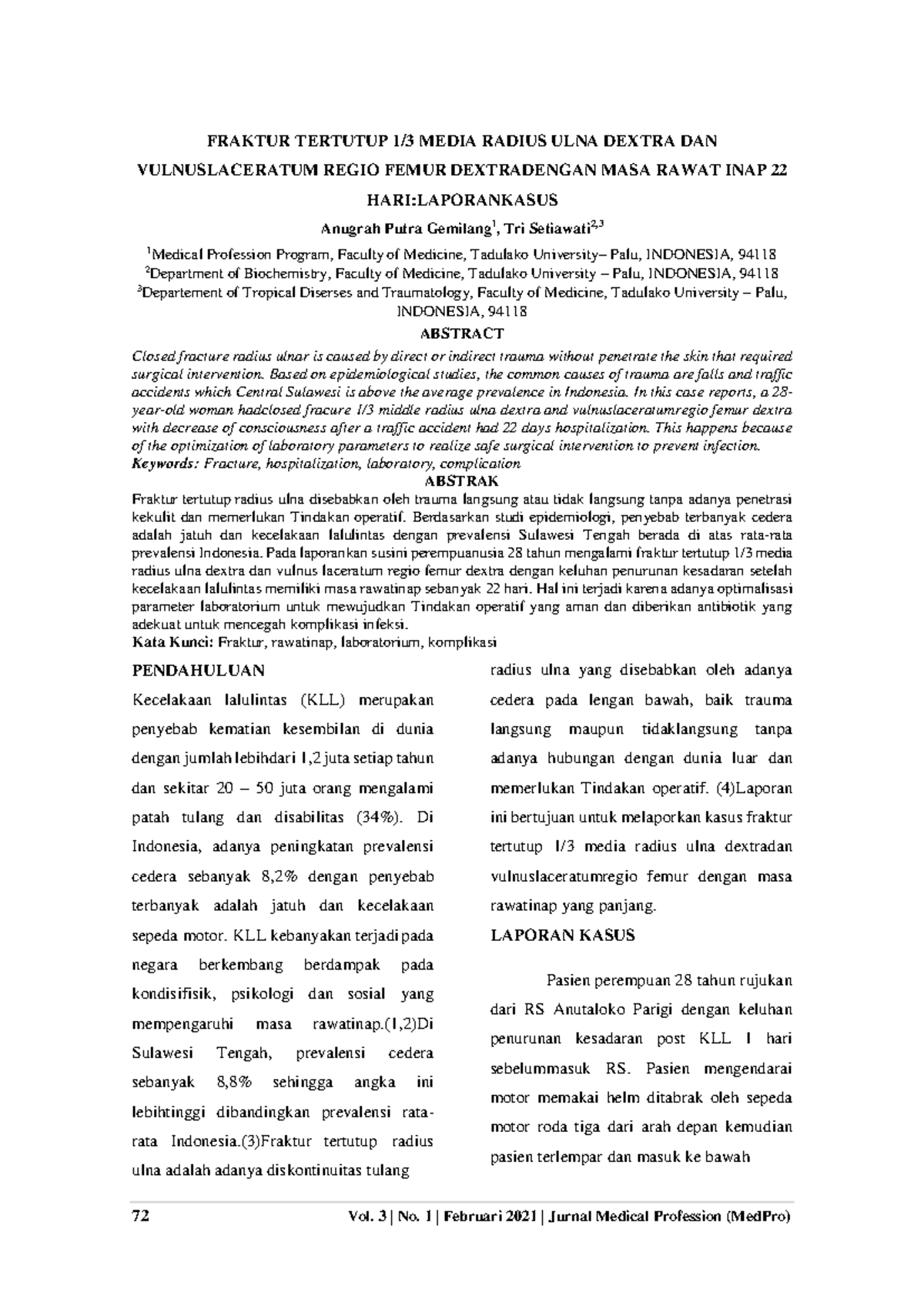 LAPORAN KASUS: Fraktur Tertutup Radius Ulna Dextra dan Vulnus Laceratum Regio - Document Preview