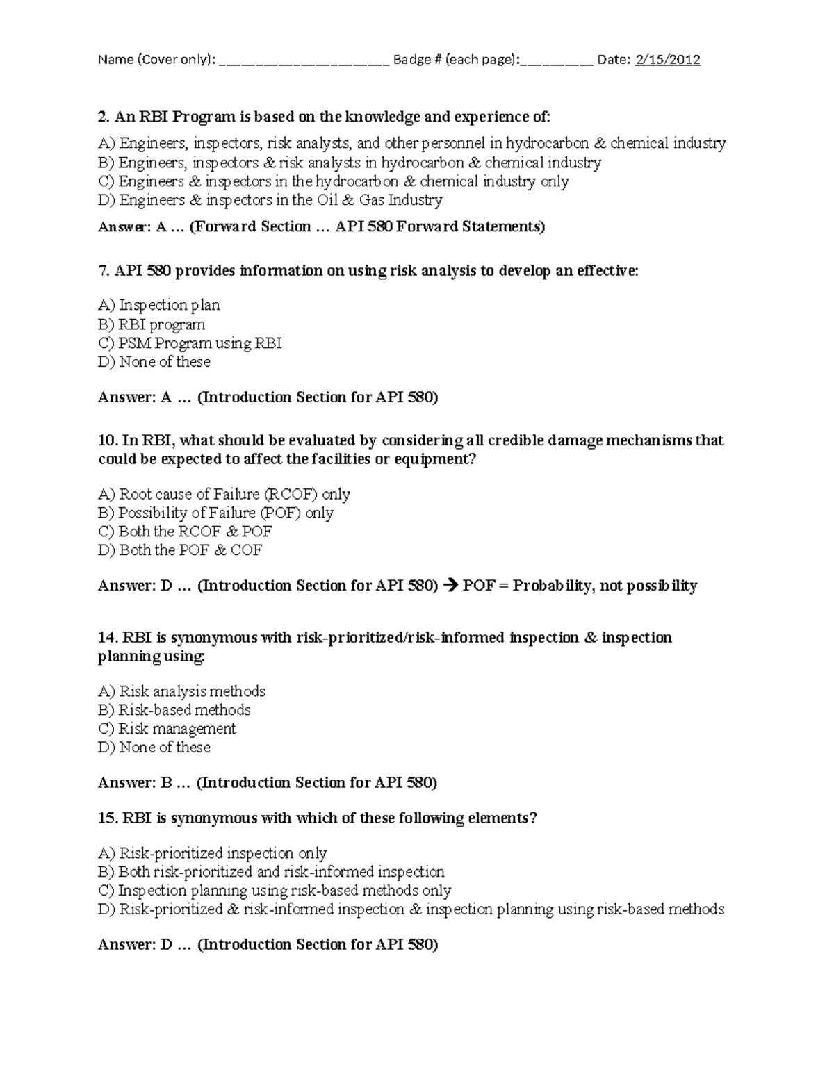 API 580 Final Exam: 100 Questions & Answers - ASD - Studocu