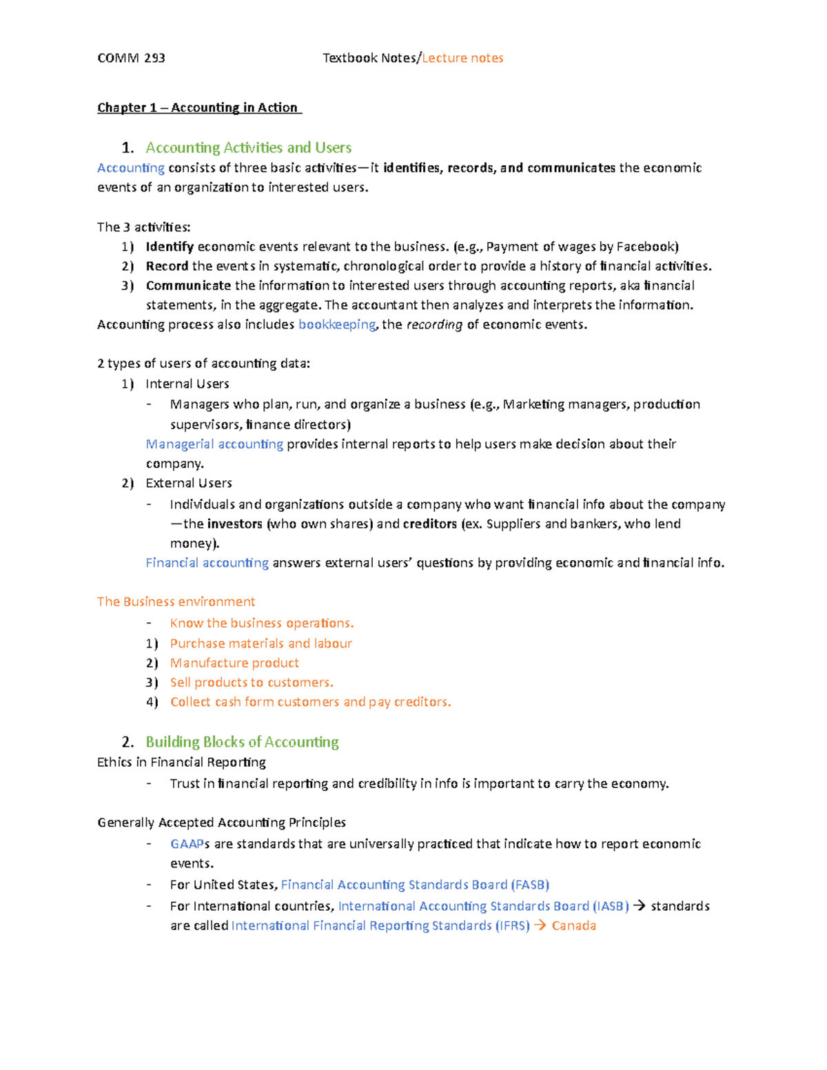 Comm 293 Final Textbook & Lecture Notes - Chapter 1 – Accounting in ...