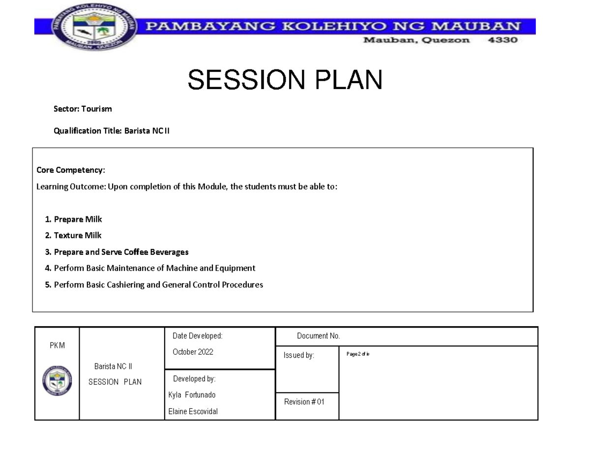 Session Plan for Barista NC II - Skills in Coffee Preparation - Studocu