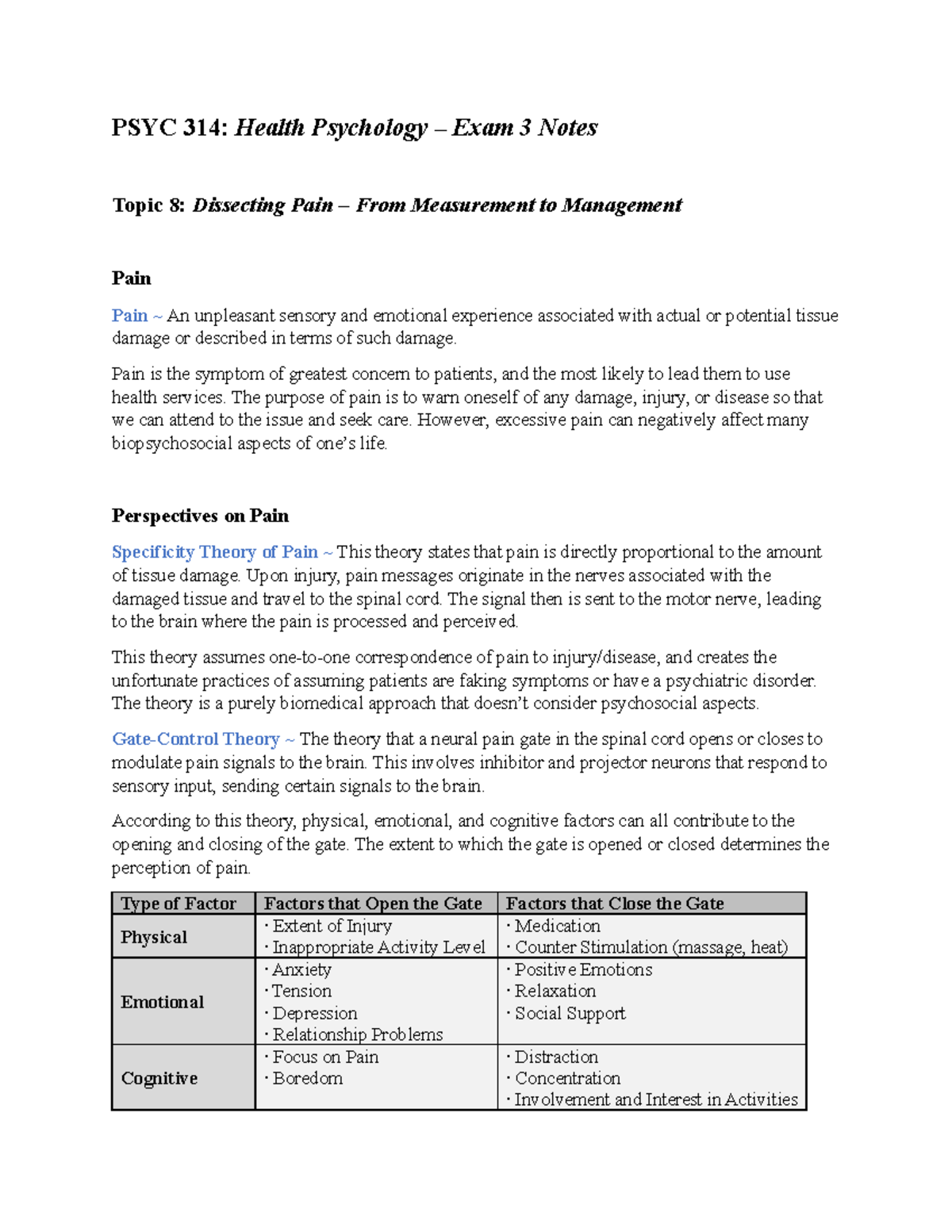 PSYC 314: Exam 3 - Health Psychology Lecture Notes Summary - Studocu