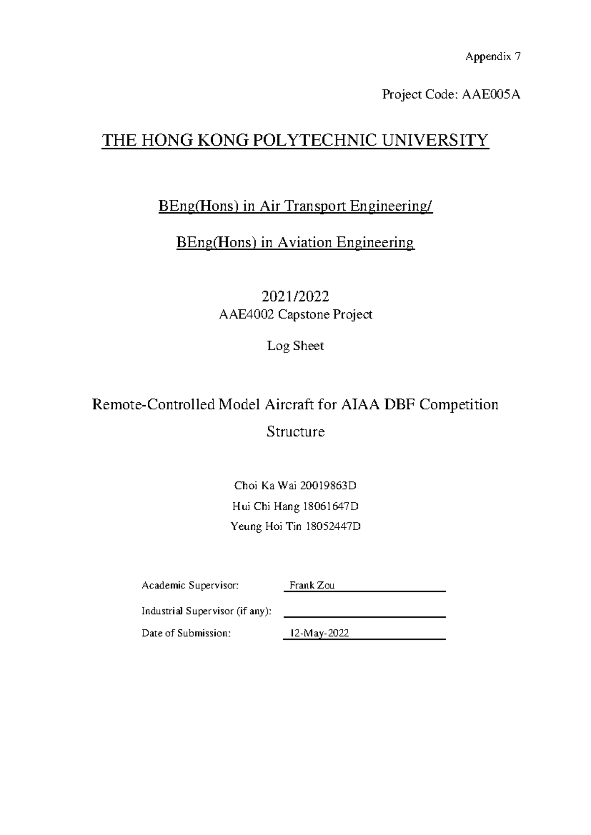 AAE4002 Capstone Project Log Sheet for Remote-Controlled Aircraft - Studocu