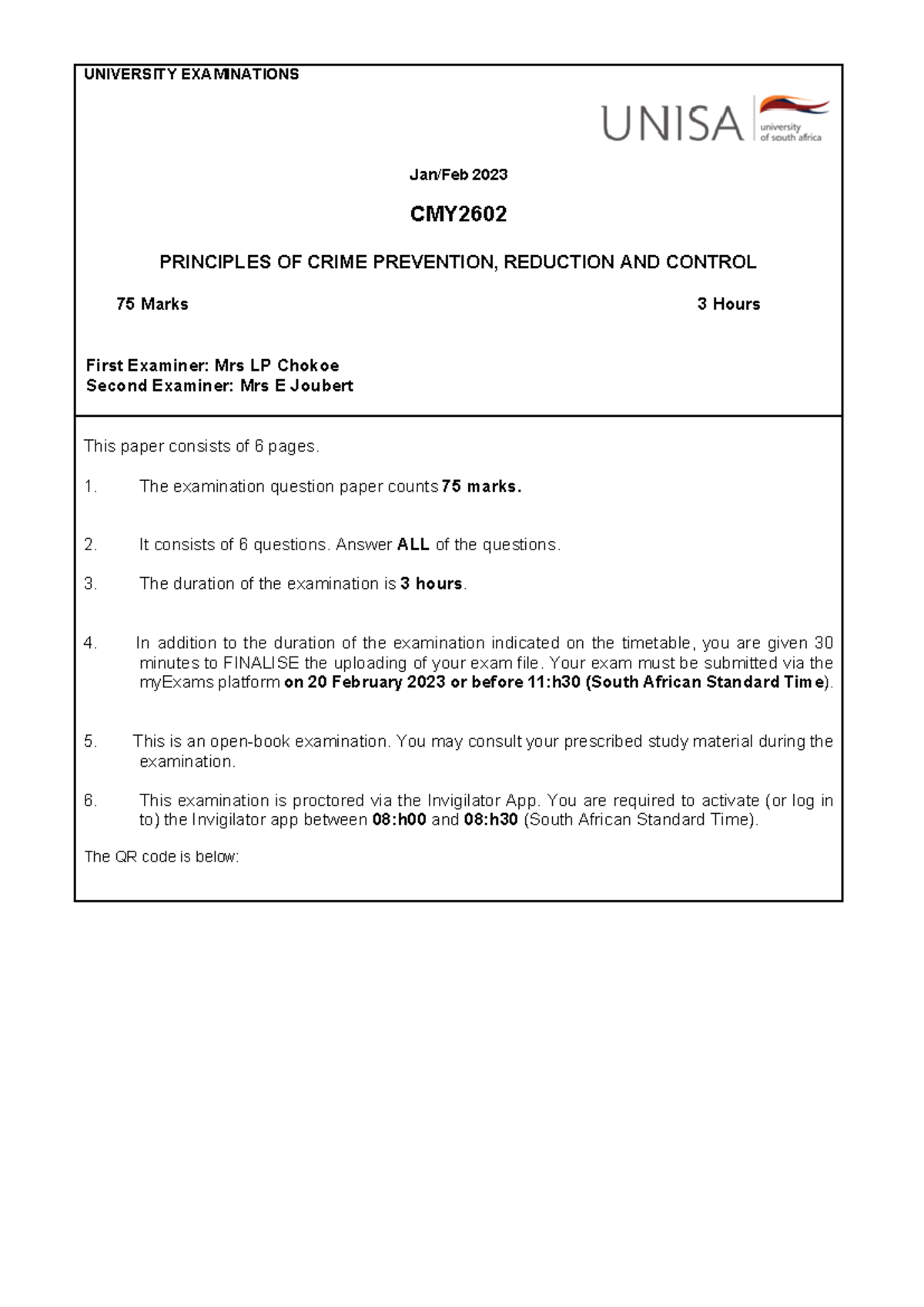 CMY2602 Jan/Feb 2023 Principles of Crime Prevention Exam Paper - Studocu