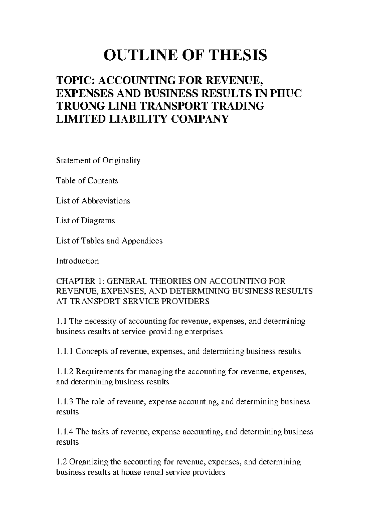 Thesis Outline: Accounting for Revenue, Expenses & Business Results in ...