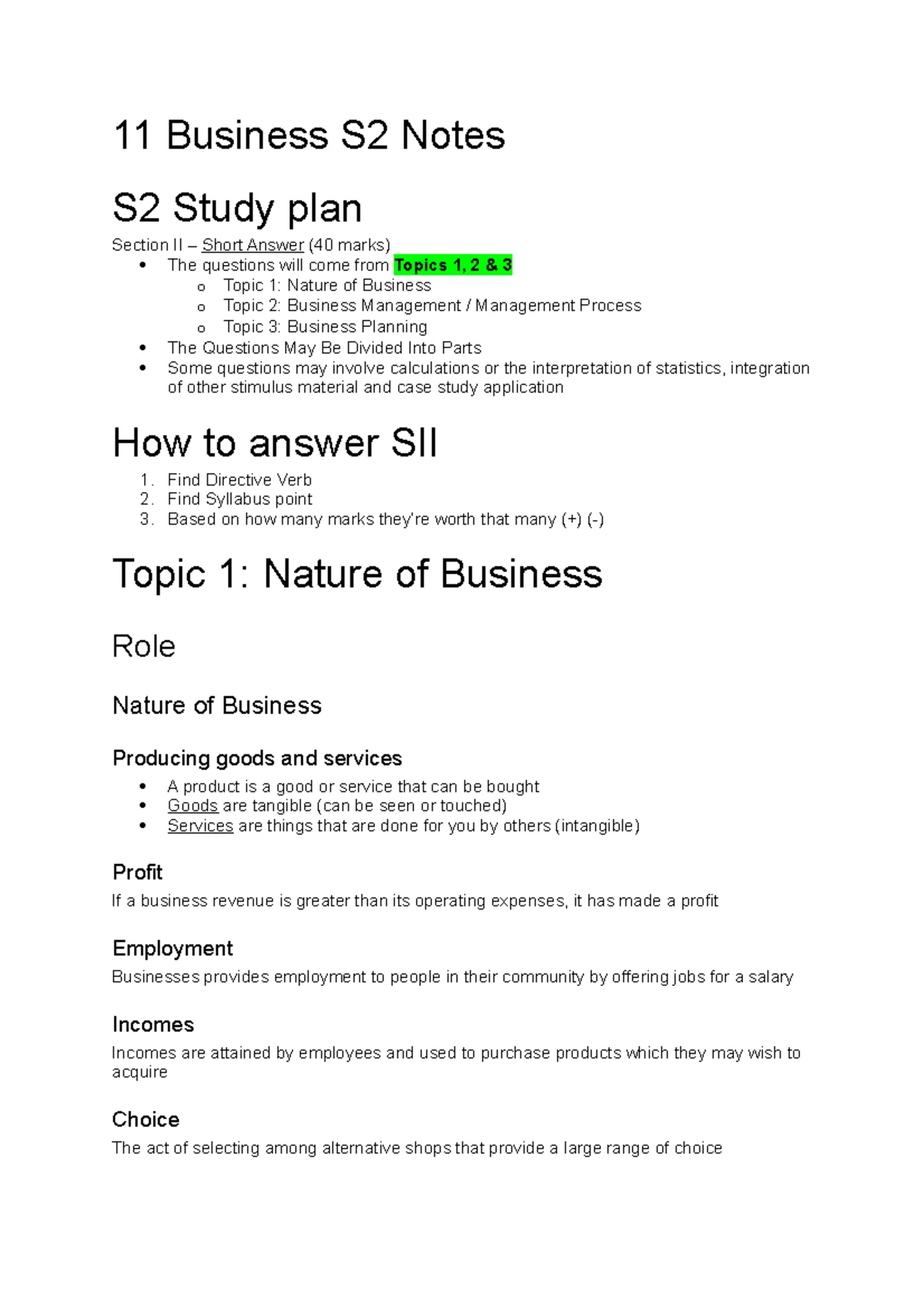 Nature of business notes - Year 11 BUSINESS STUDIES THE NATURE OF ...