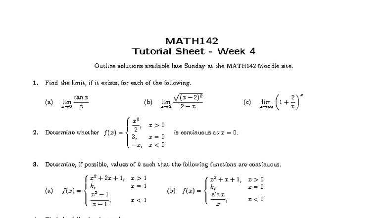 MATH142 Tutorial Sheet Week 4 Solutions and Exercises - Studocu