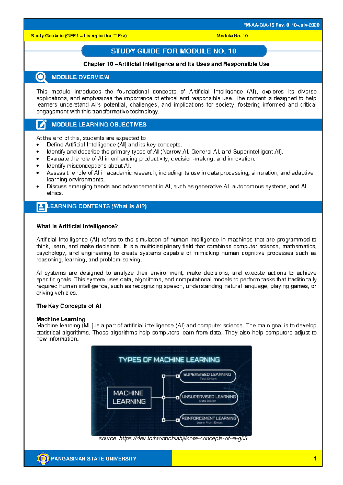 GEE1 SG10 - Study Guide on AI Concepts and Applications in IT Era - Studocu