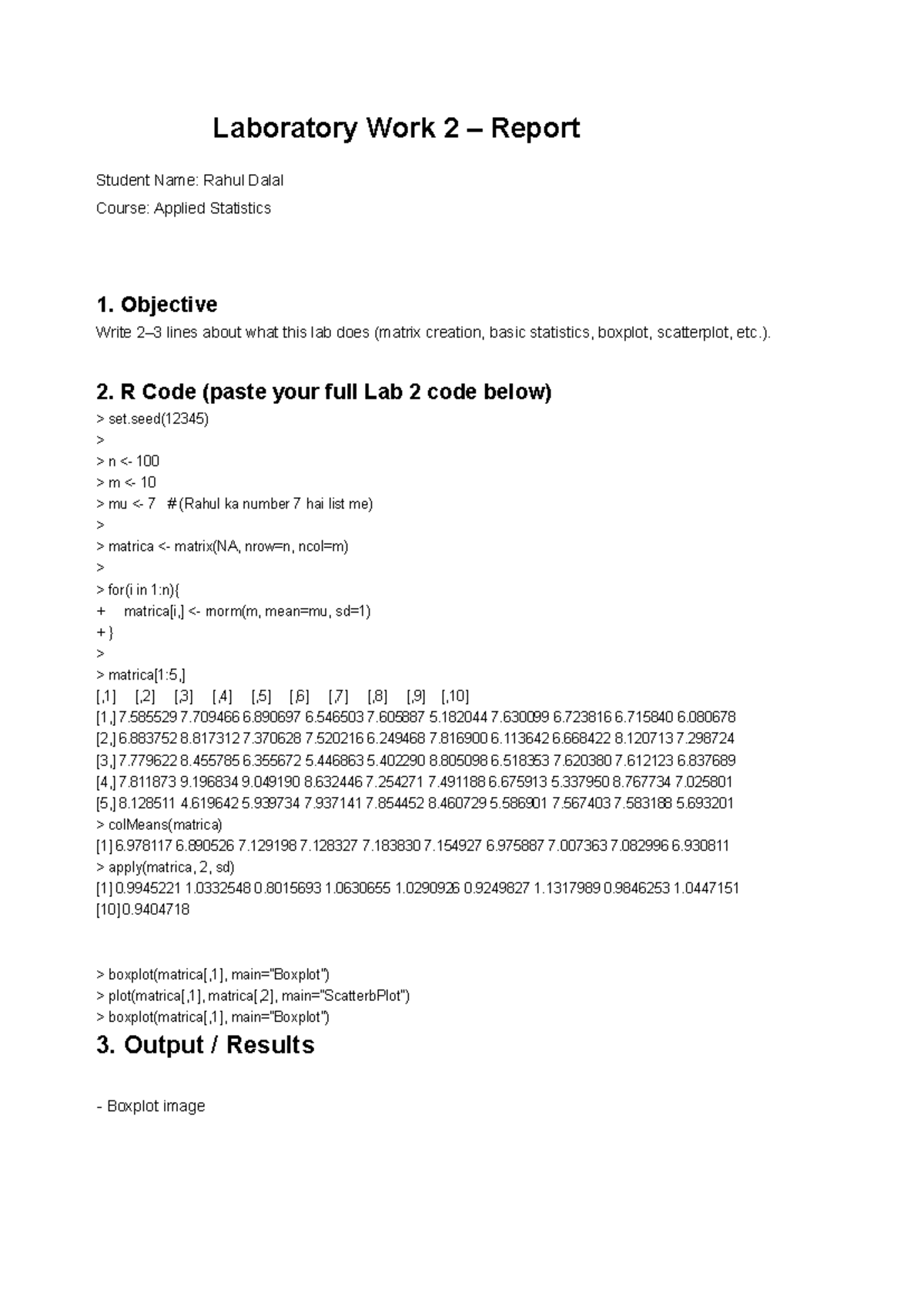 Applied Statistics 1: Lab 2 Report on Matrix & Statistics - Studocu