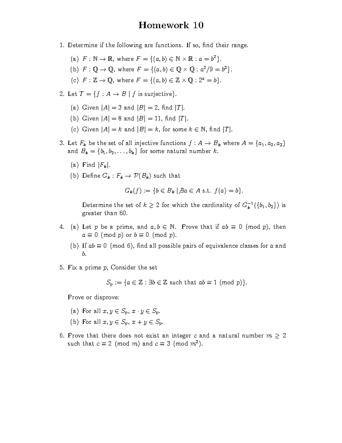 220 Math HW 10: Functions, Cardinality, and Modular Arithmetic - Studocu