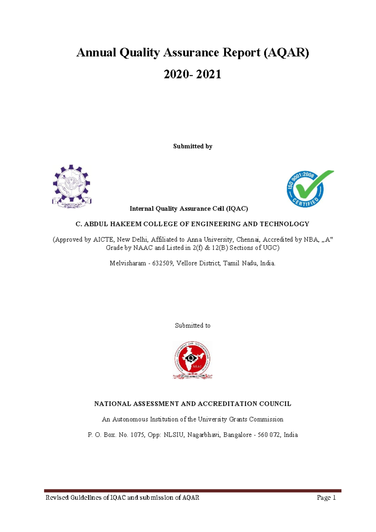 Annual Quality Assurance Report (AQAR) 2020-2021 for C. A. H. College ...