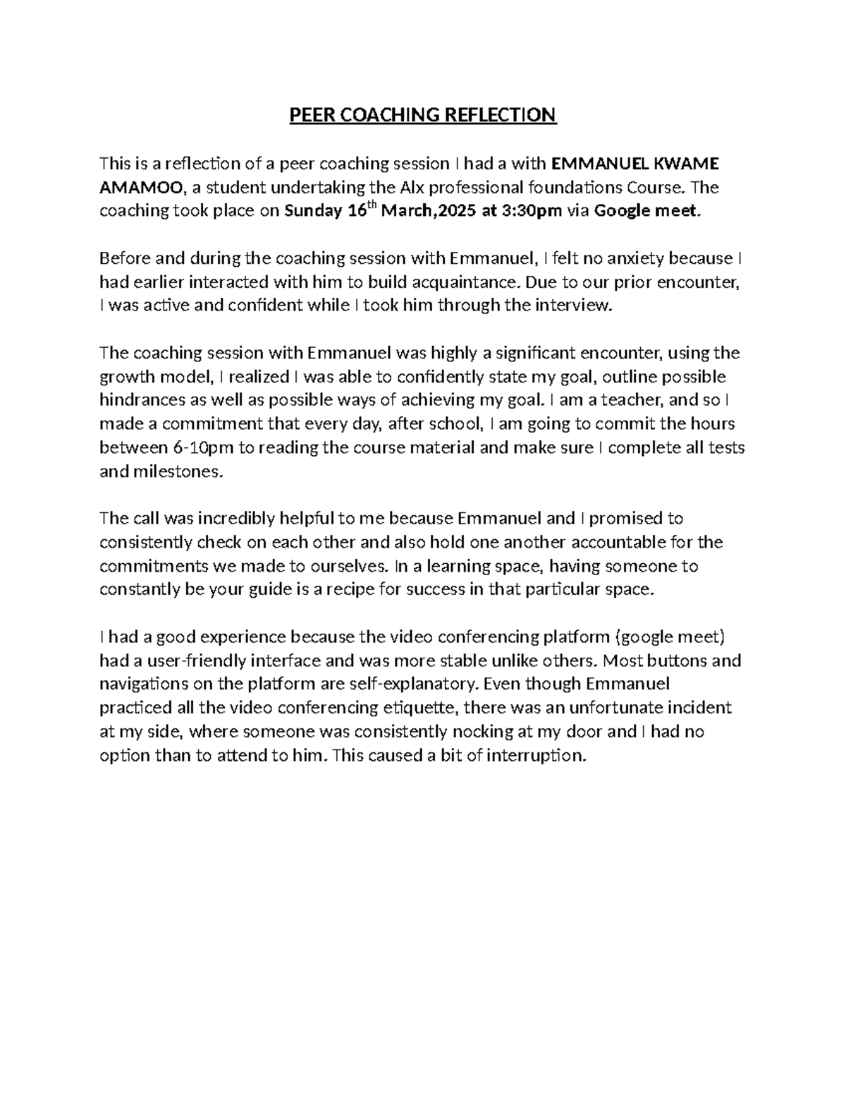 PEER Coaching Reflection: Insights from a Successful Session with ...