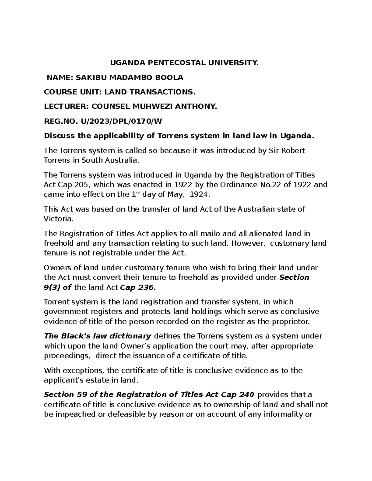 Torrens System in Uganda: Applicability in Land Law - LND 101 - Studocu