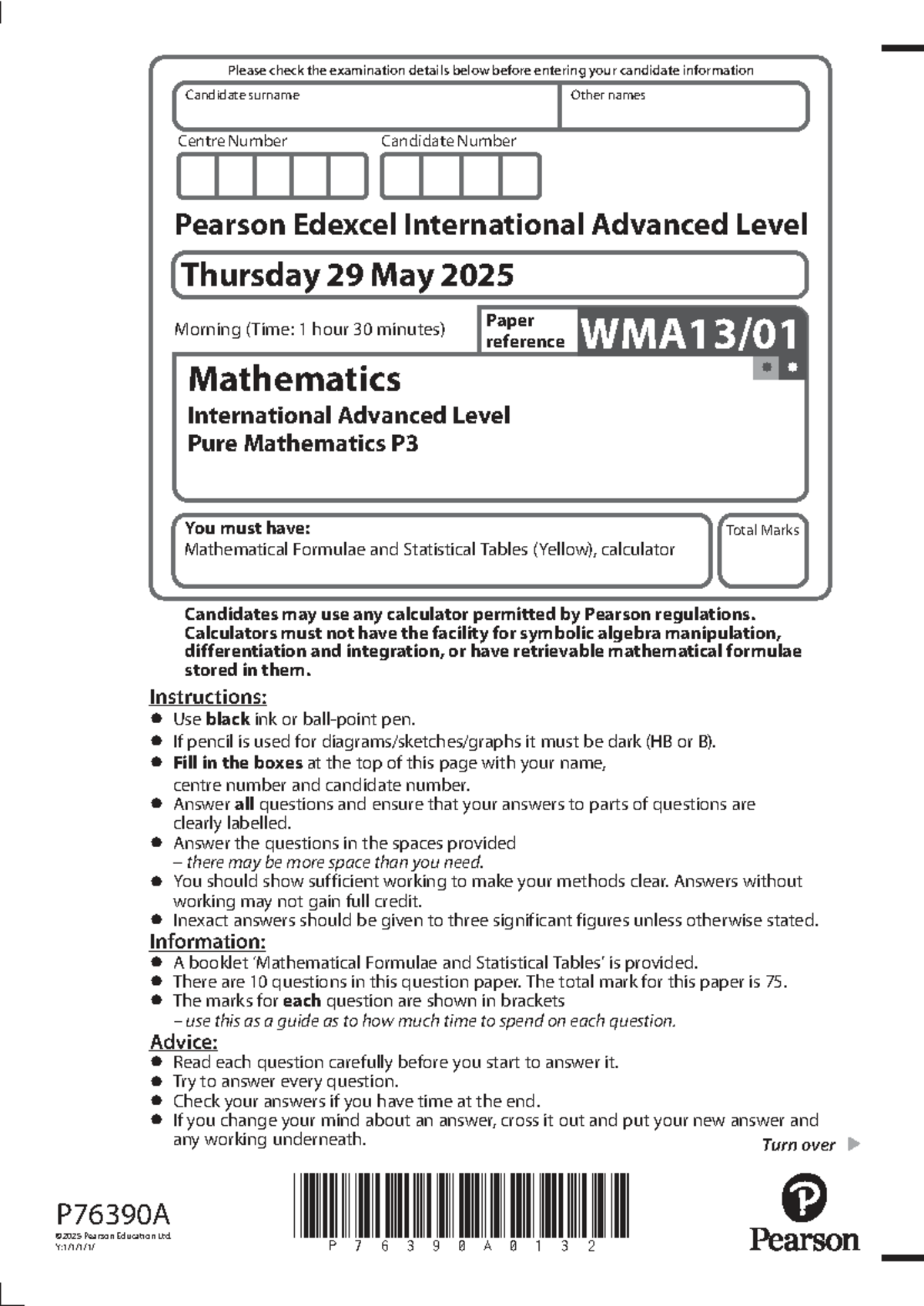Mathematics IAL P3 Exam Paper - 29 May 2025 (1.5 Hours) - Studocu