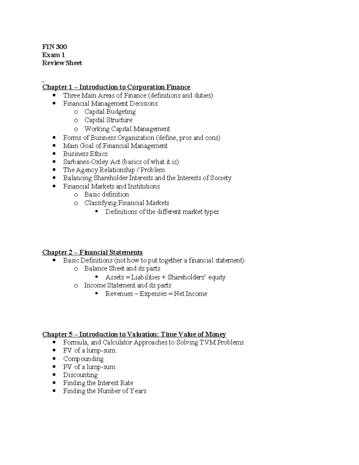 FIN 300 Exam 1 Review Sheet: Corp Finance & Valuation Concepts - Studocu