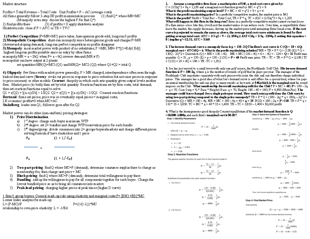Econ 315 Final Exam Study Guide: Market Structures and Pricing ...