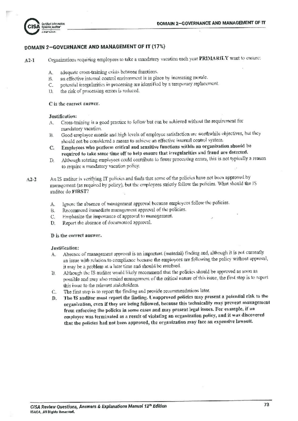 CISA Review Questions & Answers: Domain and Management of IT - Studocu