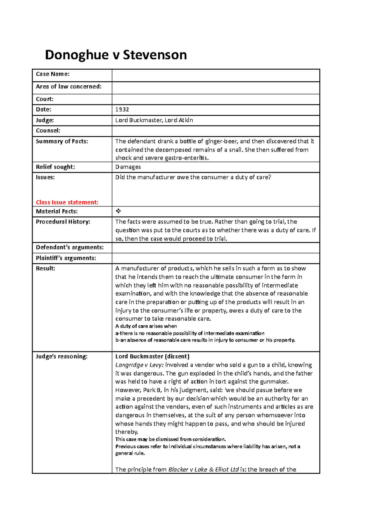 Donoghue v Stevenson - Detailed case brief Torts: Negligence - Donoghue ...