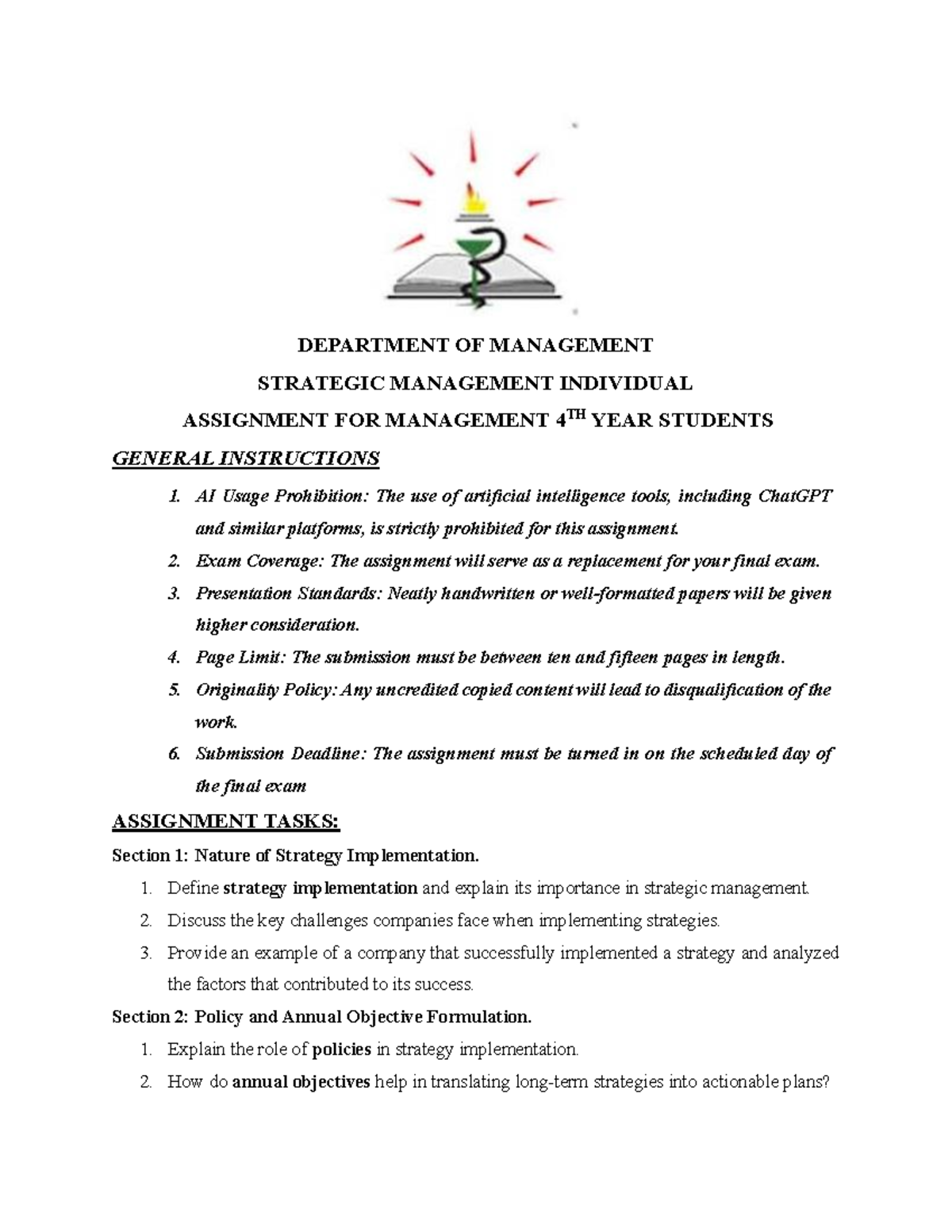 Management 4 - Strategic Management Individual Assignment Guidelines ...