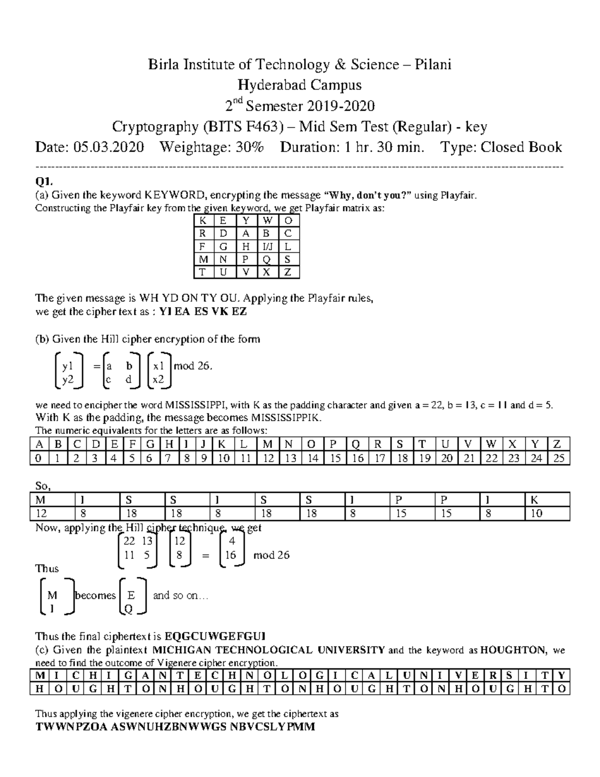 Crypto-mid key - Mid semester examination answers - Birla Institute of ...