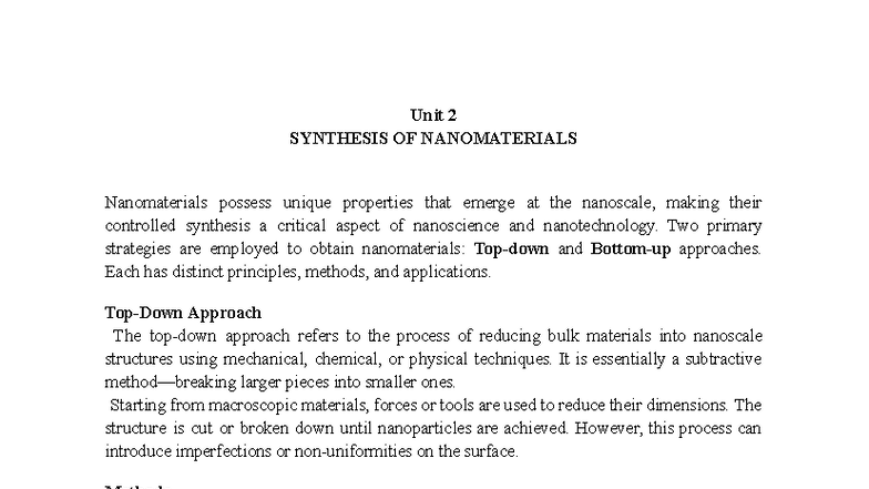 NT - Unit 2 - Synthesis of Nanomaterials and Their Methods - Studocu