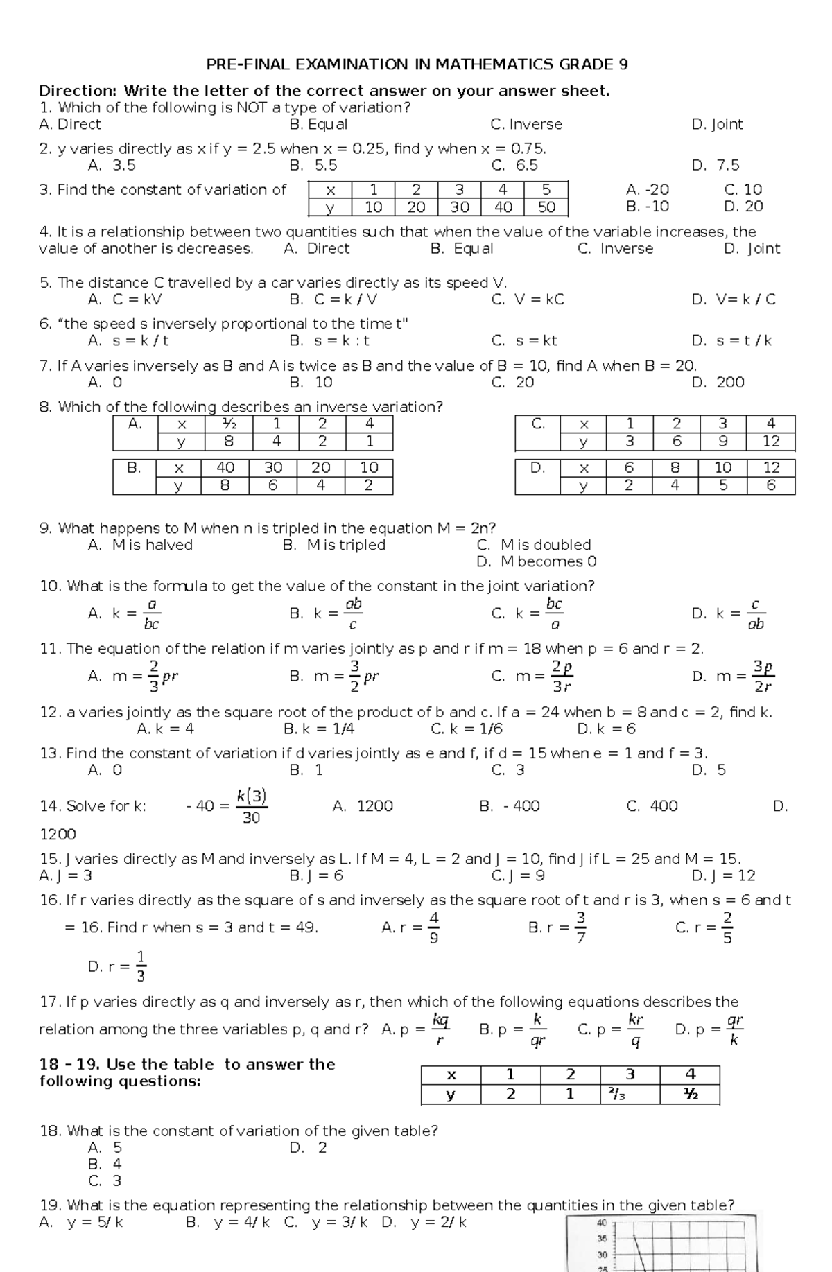 QE Quarter 2 - Mathematics 9 Final Exam Review - Studocu