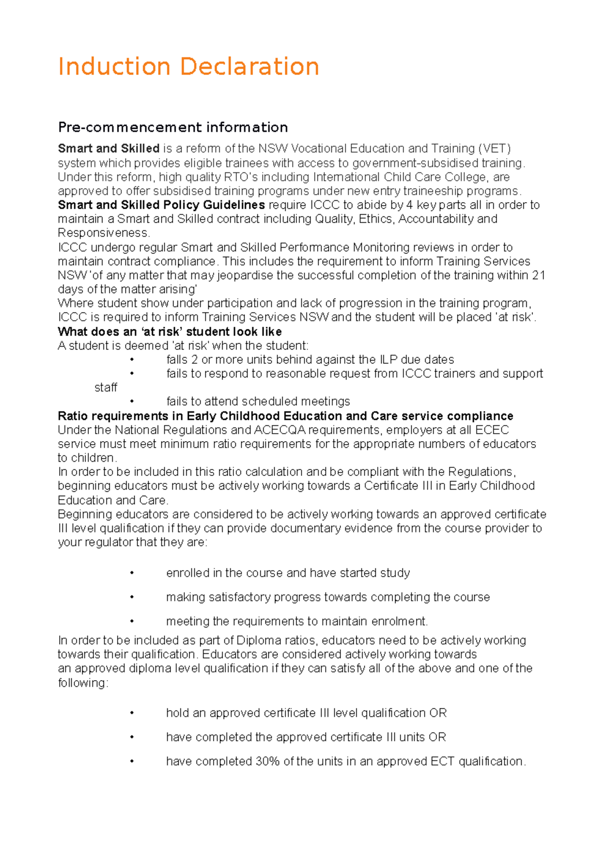 Induction Declaration for Trainee 2 - Smart and Skilled Overview - Studocu
