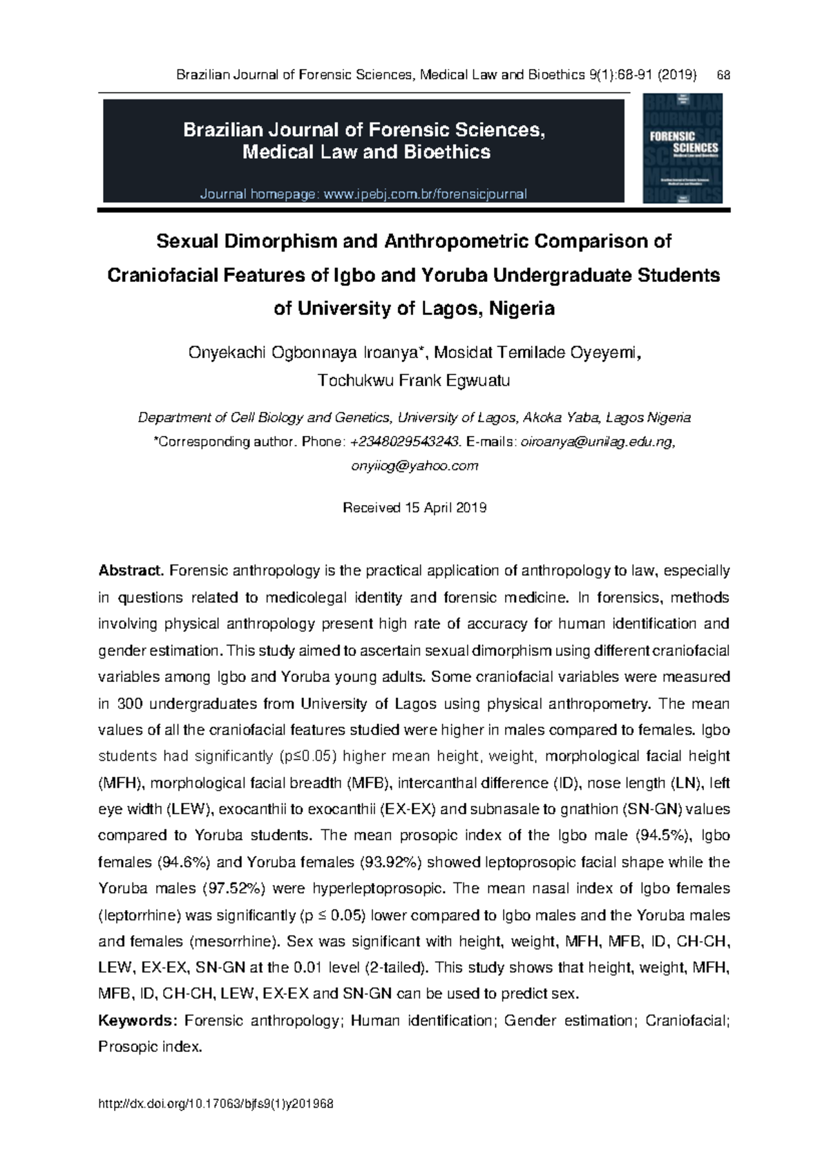 Sexual Dimorphism in Craniofacial Features of Igbo & Yoruba Students ...