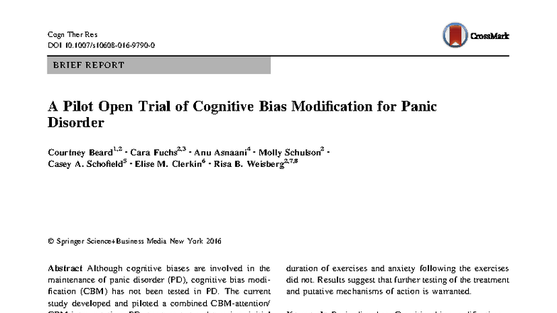 Pilot Study on Cognitive Bias Modification for Panic Disorder (PD ...