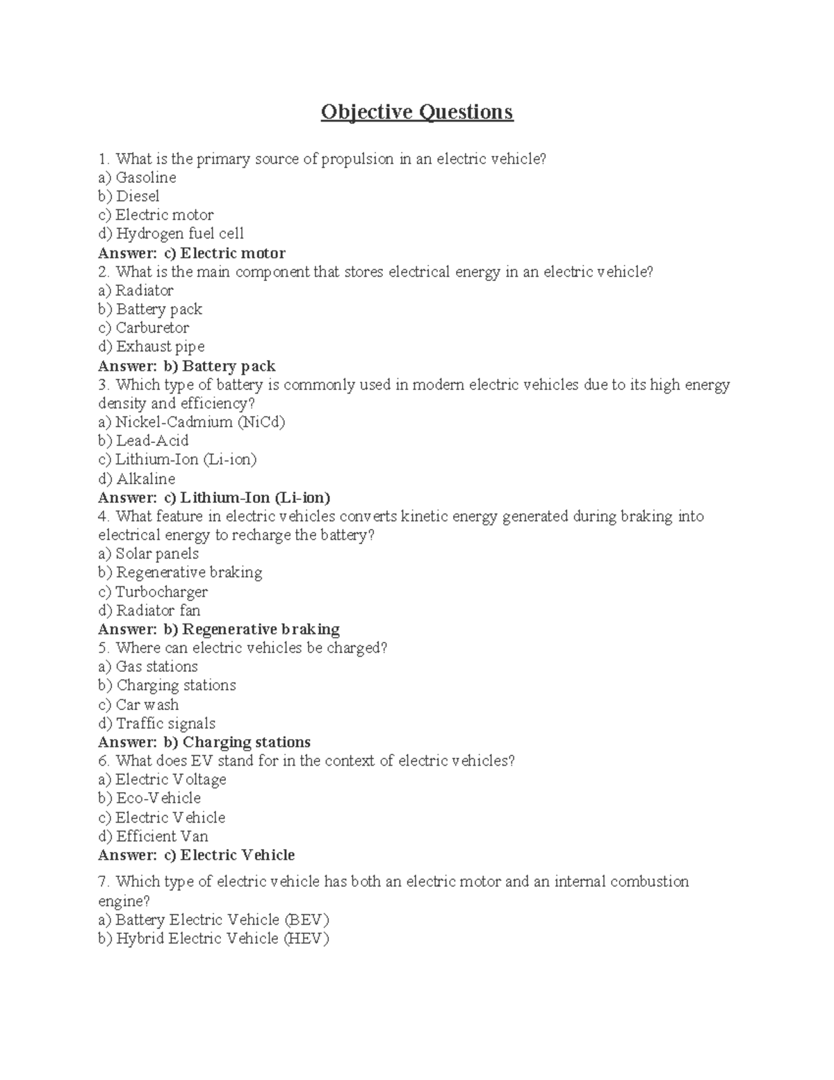 Objective Questions on Electric Vehicles (EV) - Studocu