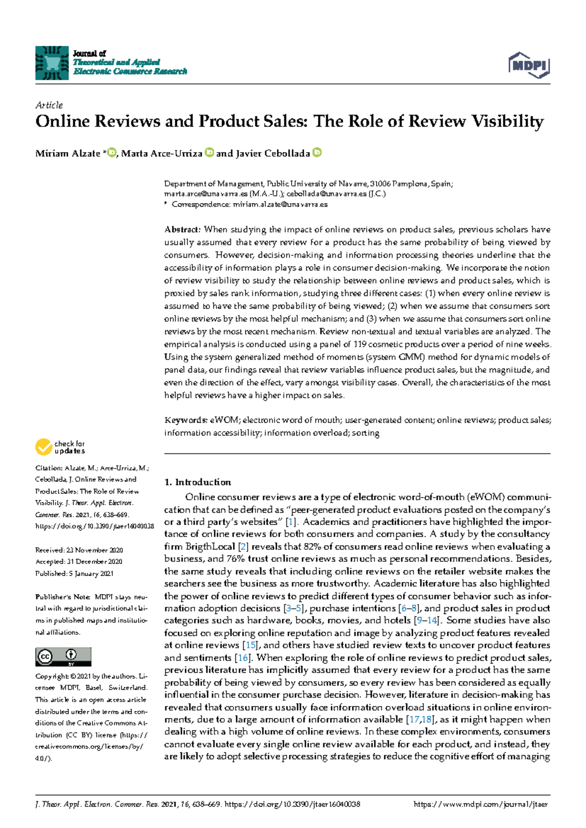 Online Reviews & Product Sales: The Impact of Review Visibility (JTAER ...