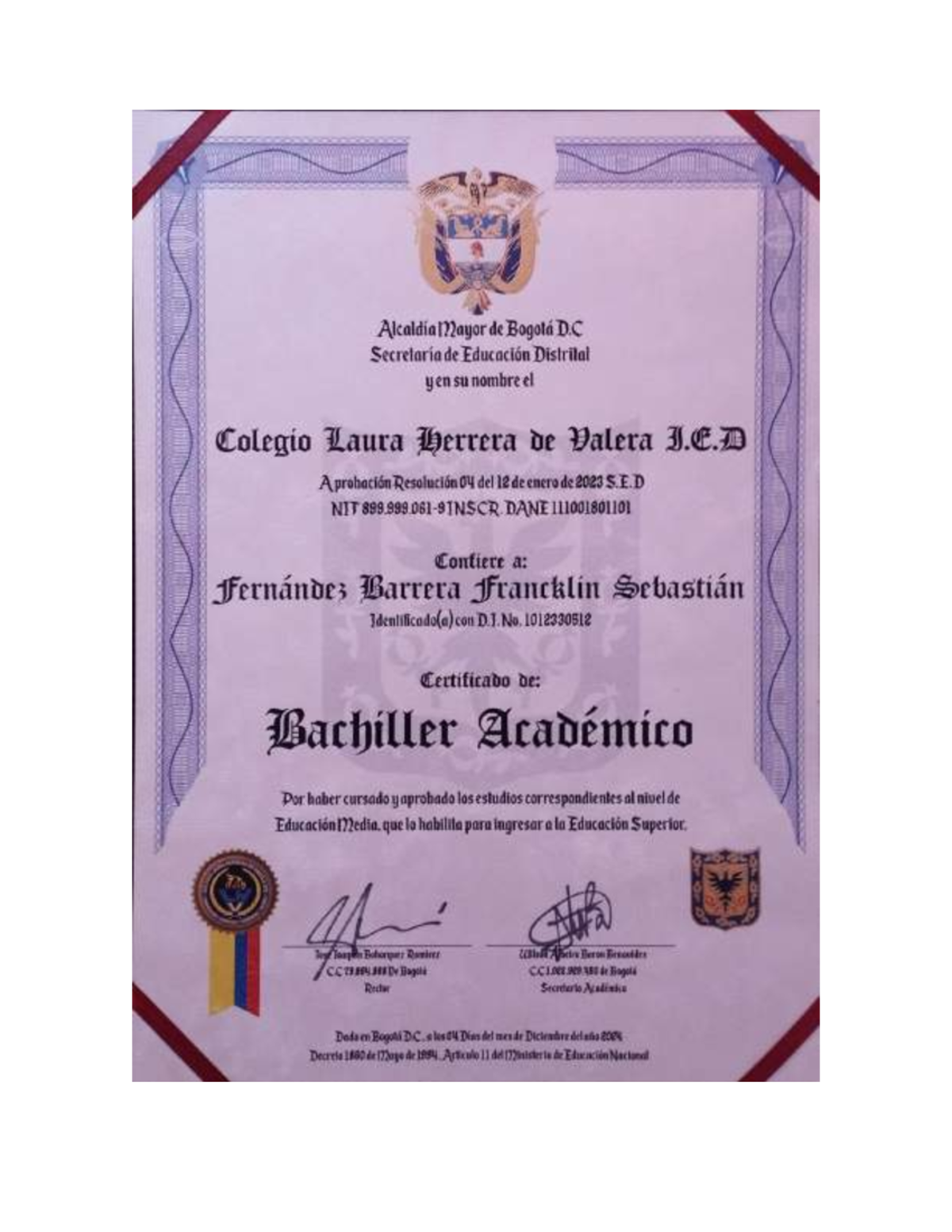 Certificado de Bachiller Académico - Alcaldía Mayor de Bogotá D.C ...