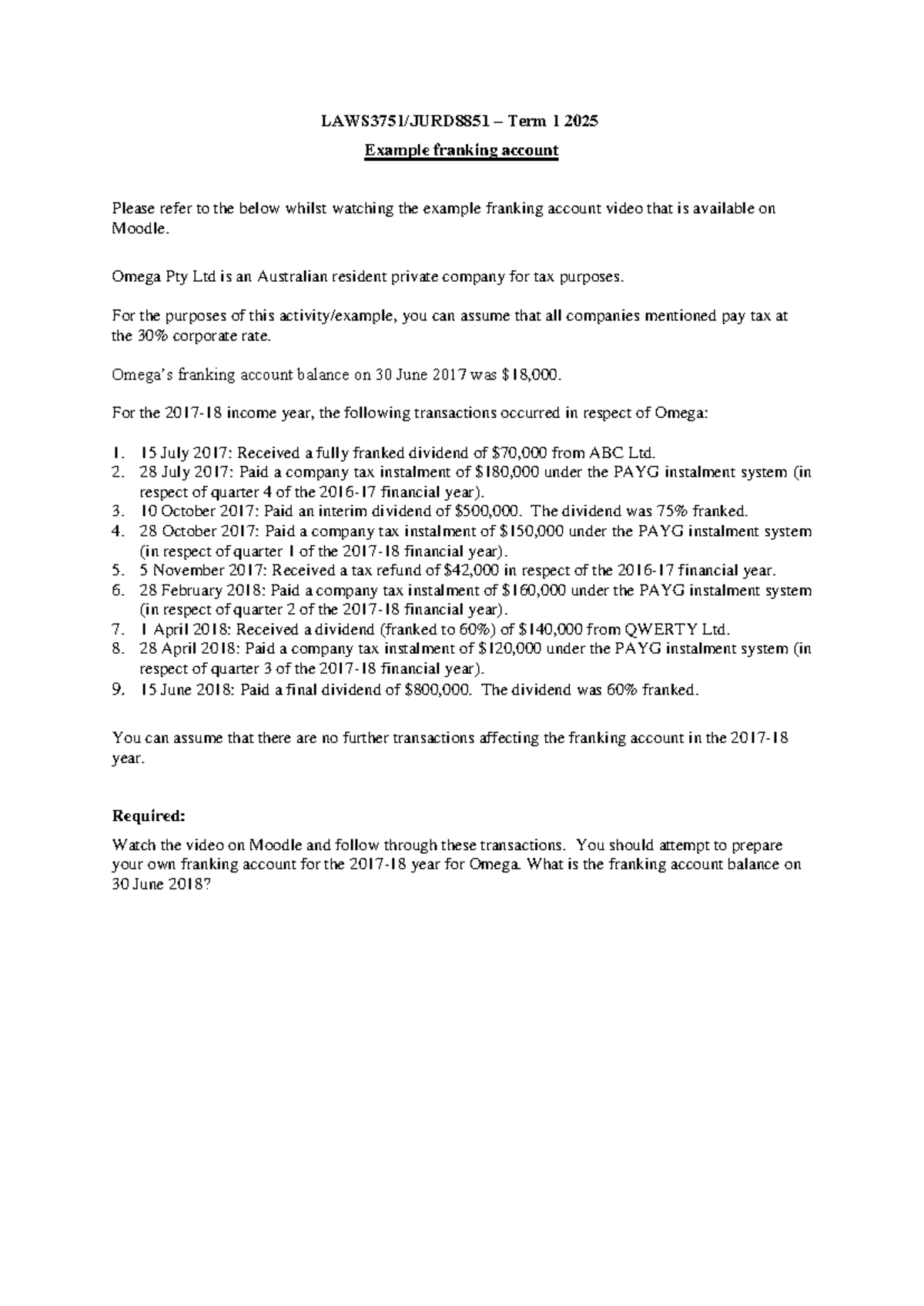 LAWS3751-JURD7751 - Term 1 2025 Example Franking Account Guide - Studocu