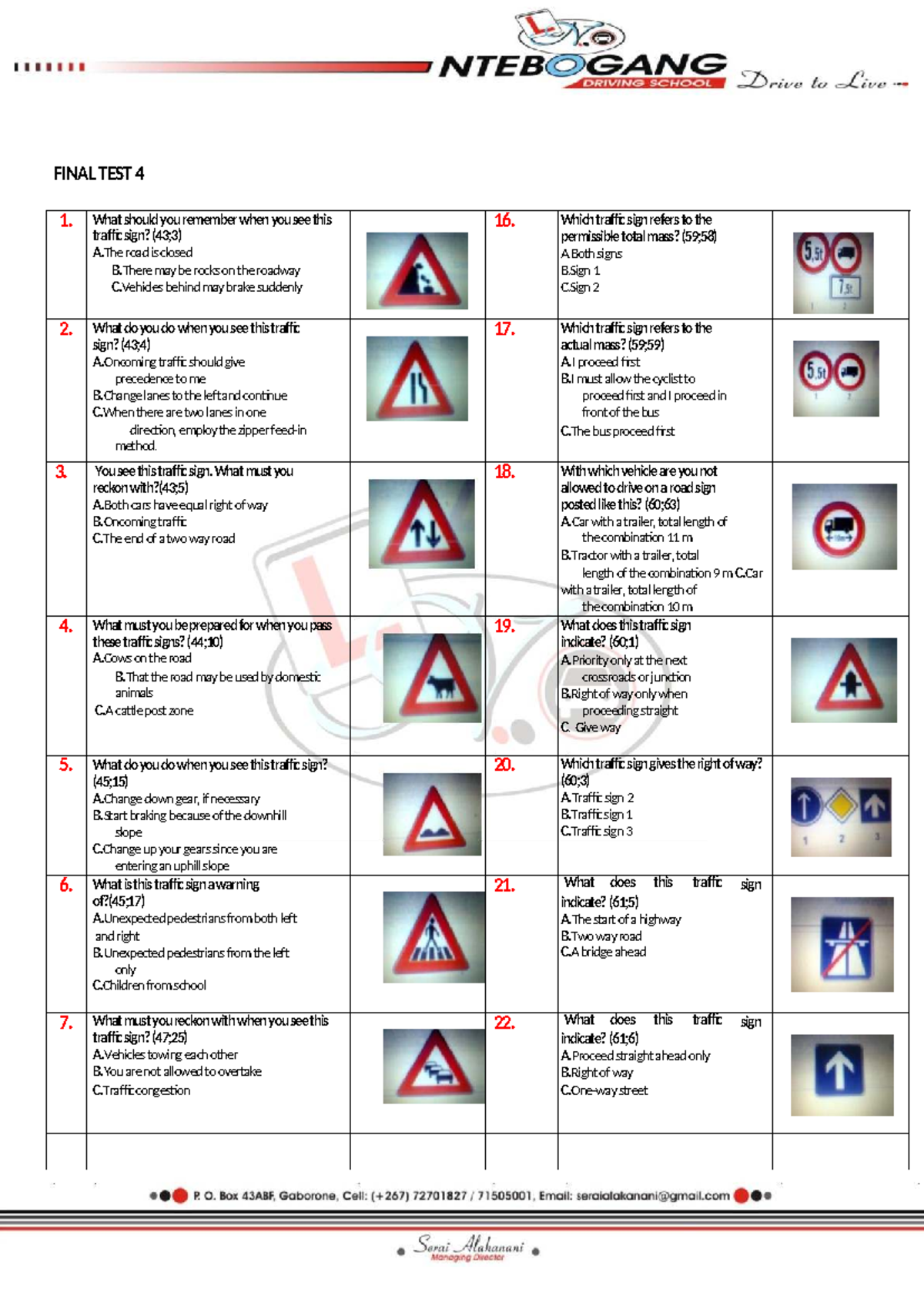 FINAL TEST 4: Understanding Traffic Signs and Regulations - Studocu