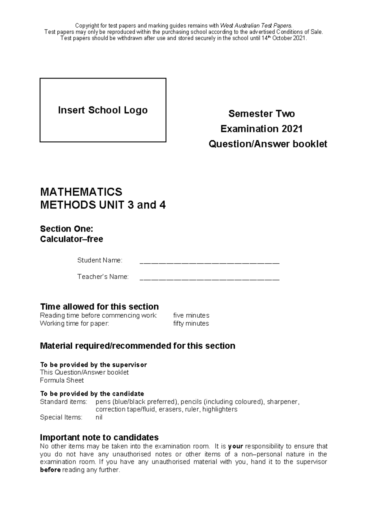 2021 Mathematics Methods Units 3 & 4 Exam Paper and Guidelines - Studocu