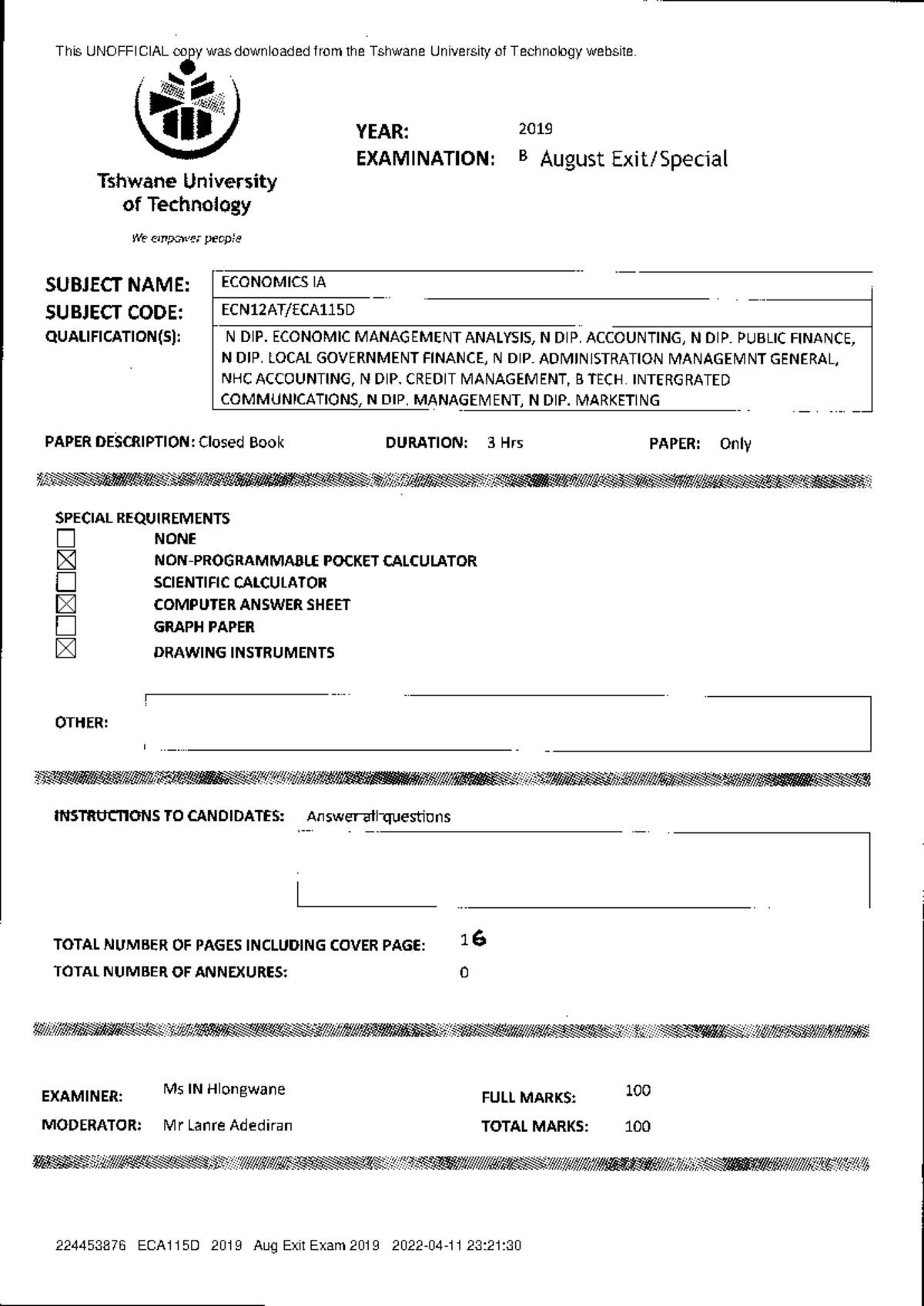 Economics PAST Paper 1 for first semester - FAC11Bt - TUT - Studocu