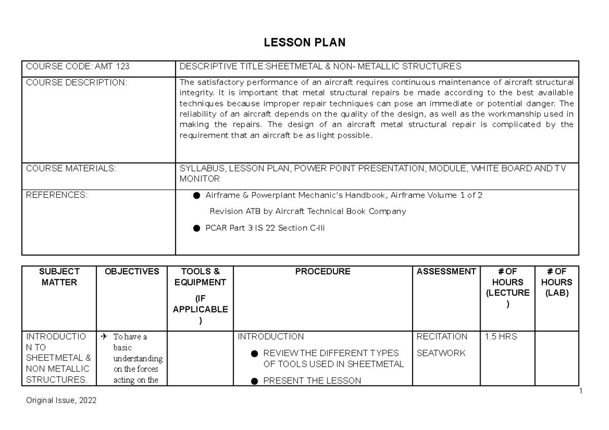AMT 123 Lesson Plan: Understanding Sheetmetal & Non-Metallic Structures ...