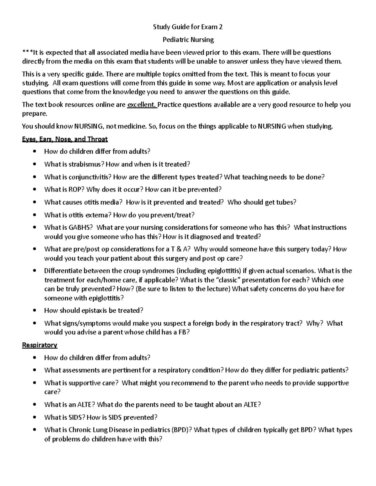 Pediatric Nursing Study Guide: Key Insights for Exam 2 - Studocu