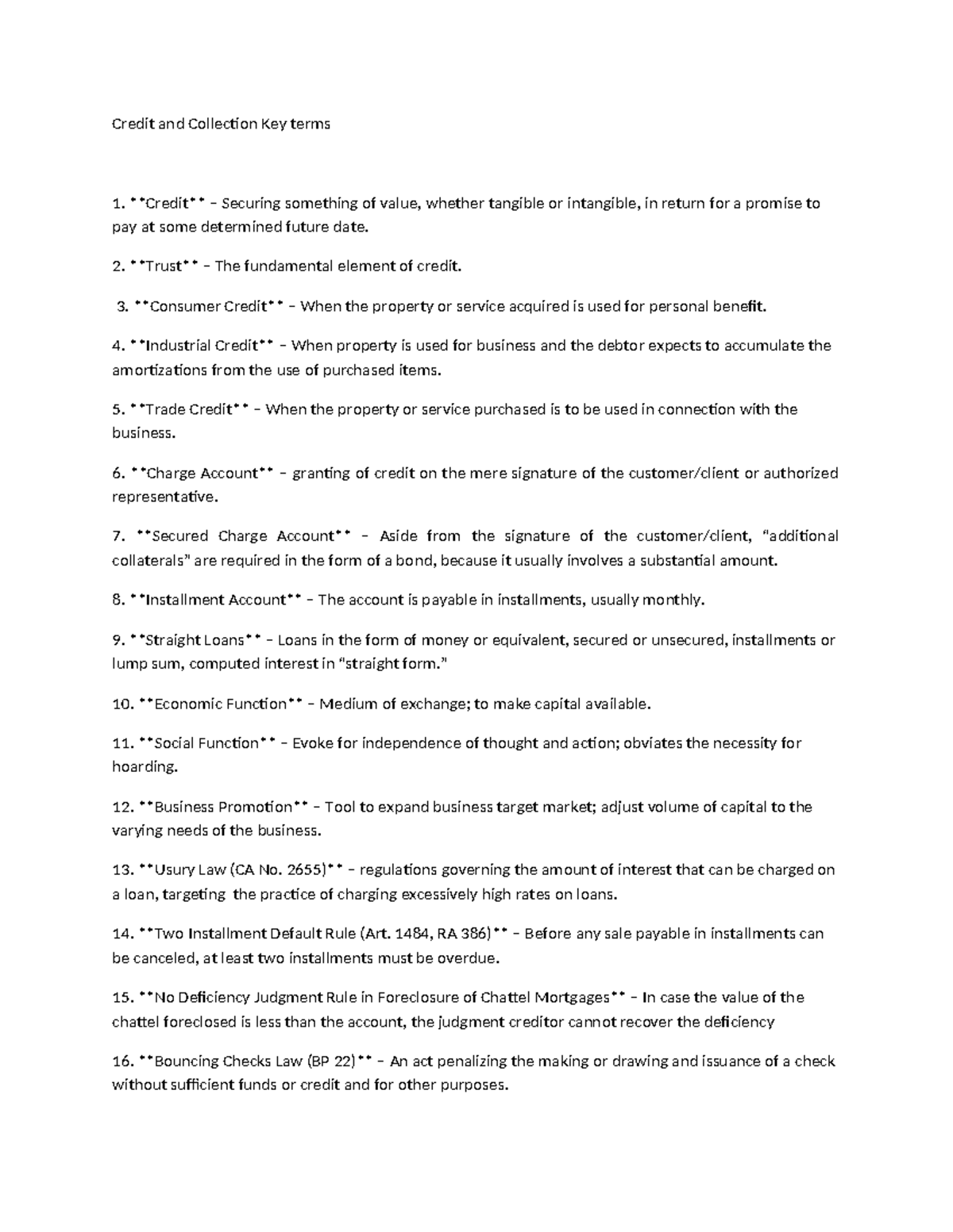 Credit and Collection Key Terms Overview for Finance 101 - Studocu