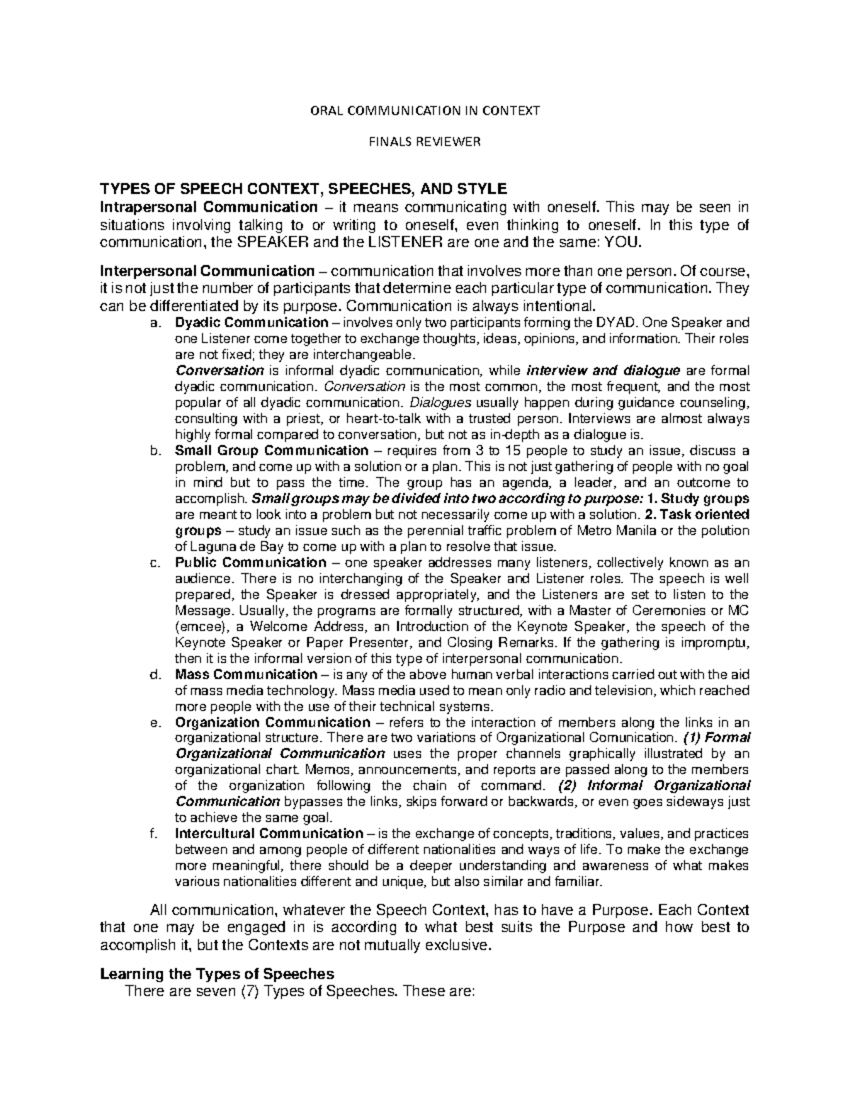 ORAL COMMUNICATION IN CONTEXT: FINALS REVIEWER ON SPEECH TYPES - Studocu