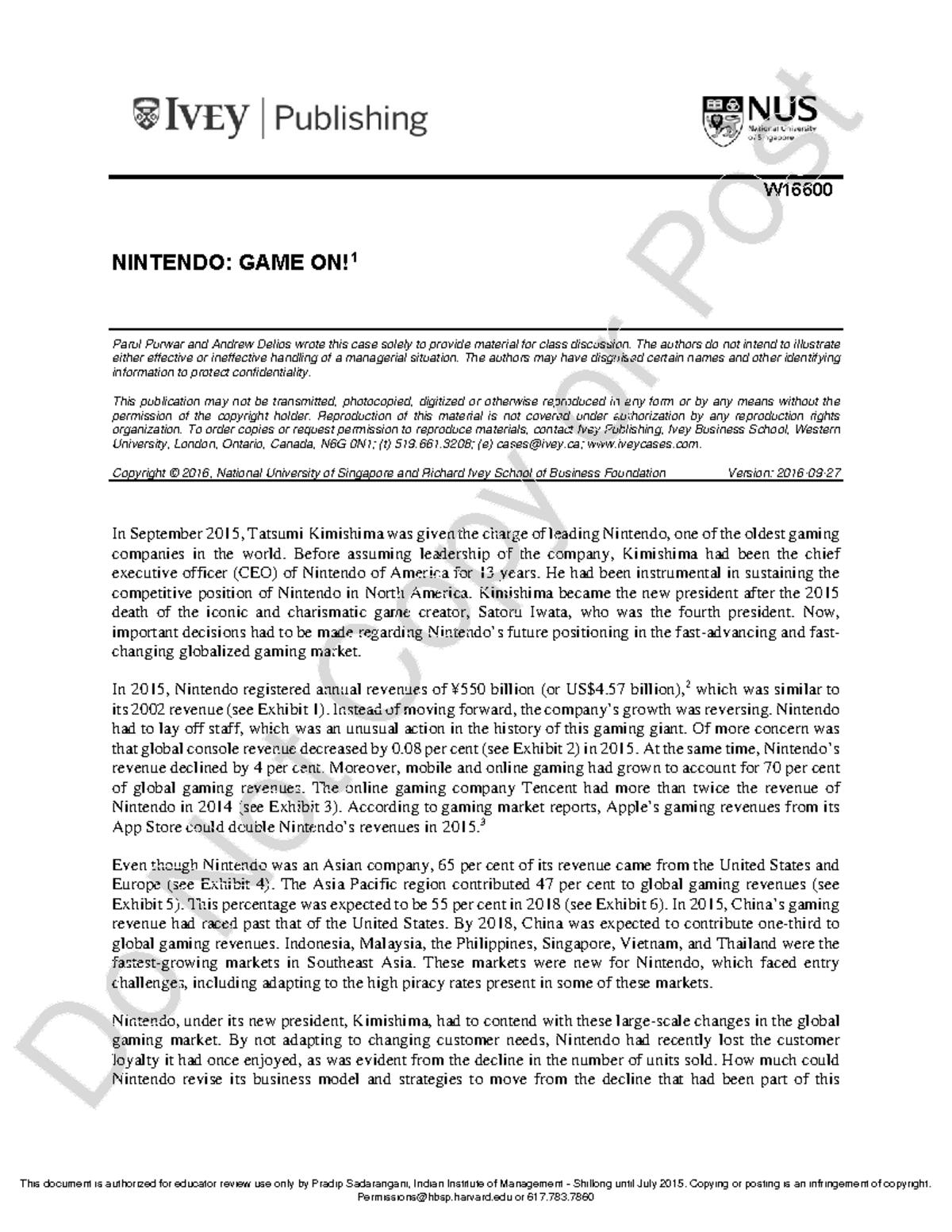 NINTENDO: GAME ON – A Managerial Case Study (Case Study) - Studocu