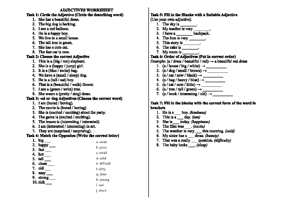 ADJ - Adjectives Worksheet Activities and Exercises - Studocu