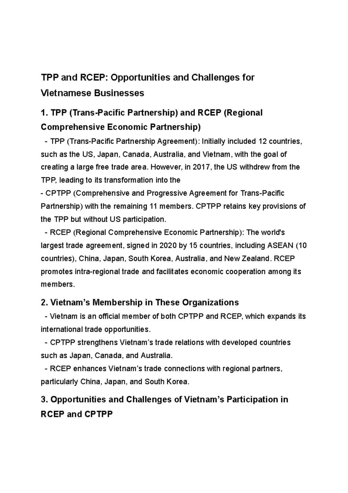 TPP & RCEP: Opportunities and Challenges for Vietnam's Businesses - Studocu
